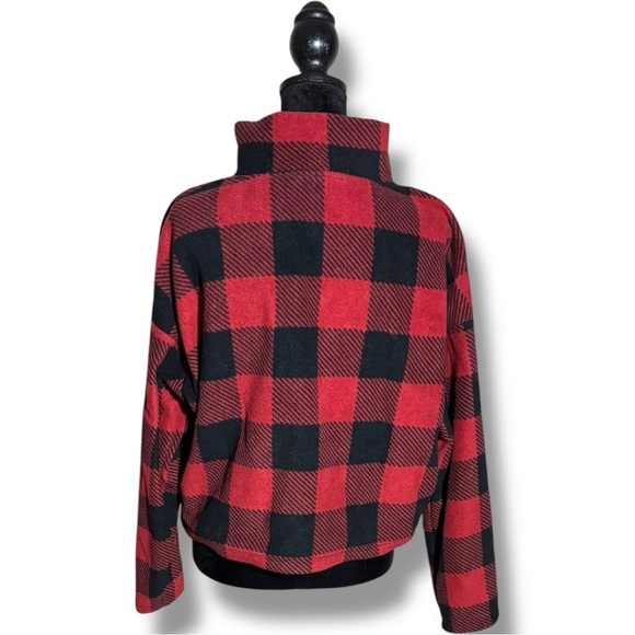 Hippie Rose Red/Black Flannel Checkered Quarter Zip Long Sleeve Cropped Fleece - Picture 3 of 15